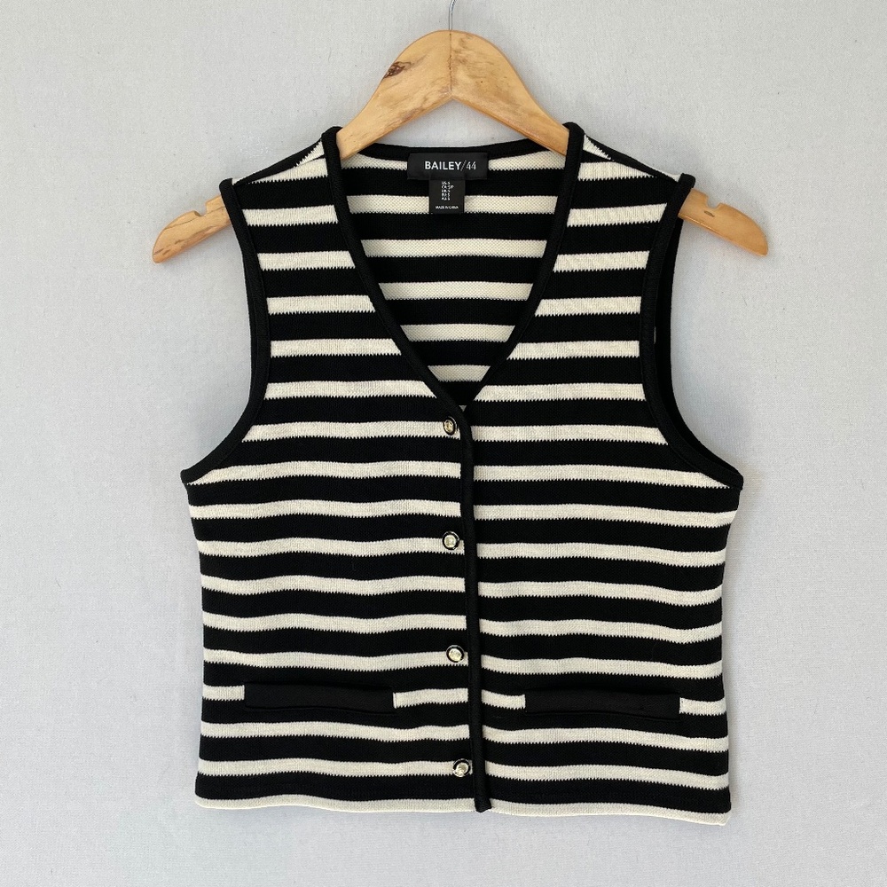 BAILEY 44 Women’s Small Black & Cream Striped V-neck Button Up Sweater Vest